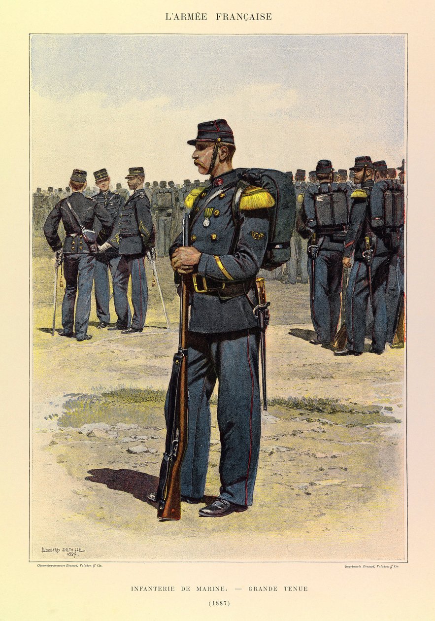 Jules Richard százados francia hadseregének típusai és egyenruhái, illusztrálta: Edouard Detaille (1848-1912): Tengerészgyalogság nagy ruhában 1887-ben, magángyűjtemény alkotó: Jean Baptiste Edouard Detaille