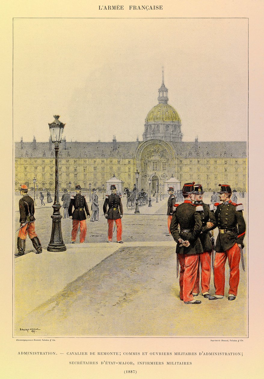 A Jules Richard százados francia hadseregének típusai és egyenruhái, illusztrálta: Edouard Detaille (1848-1912): Adminisztráció: Lovas, katonai hivatalnok és adminisztratív dolgozók, személyzeti titkárok, katonai ápolónők 1887-ben, Magángyűjtemény alkotó: Jean Baptiste Edouard Detaille