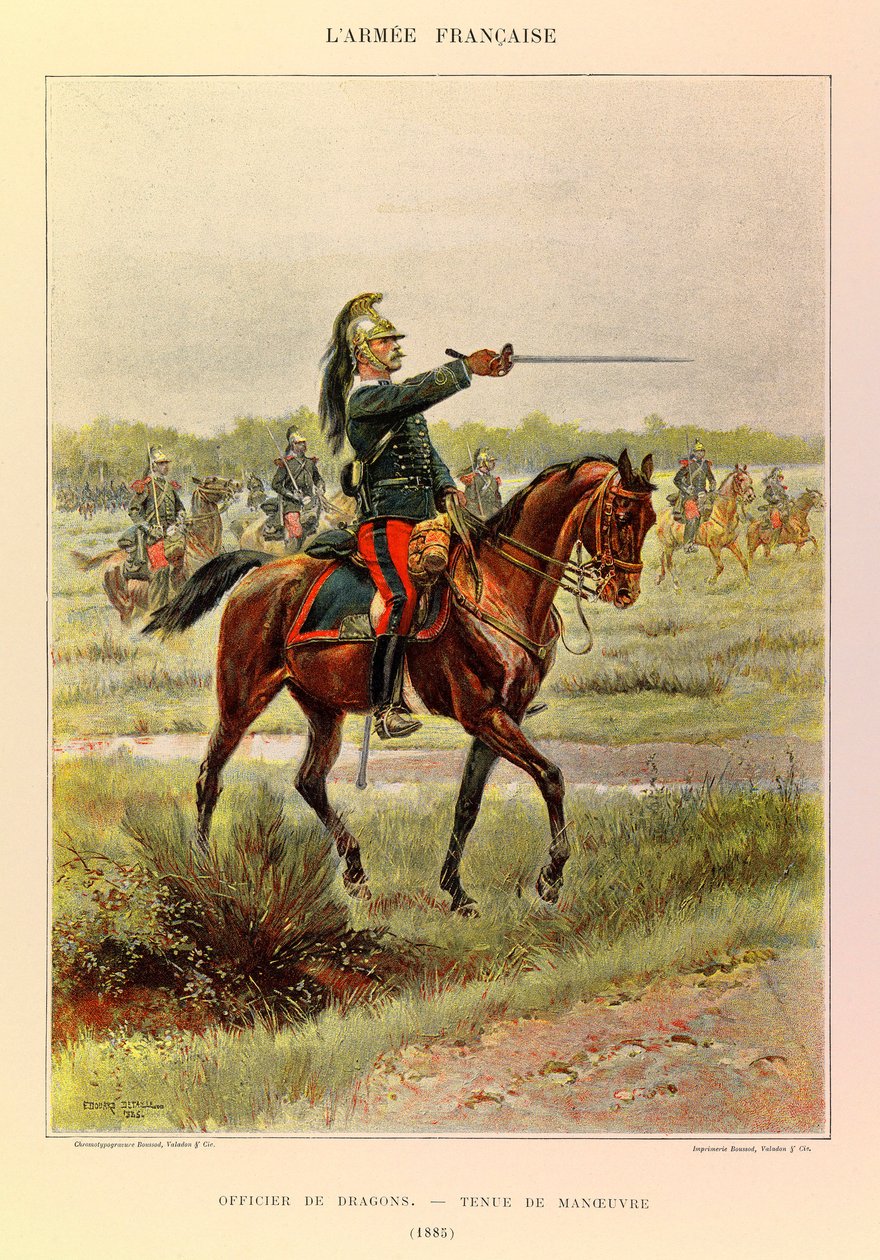 Jules Richard százados francia hadseregének típusai és egyenruhái, illusztrálta: Edouard Detaille (1848-1912): A Sárkányok tisztje manőverruhában 1885-ben, Magángyűjtemény alkotó: Jean Baptiste Edouard Detaille