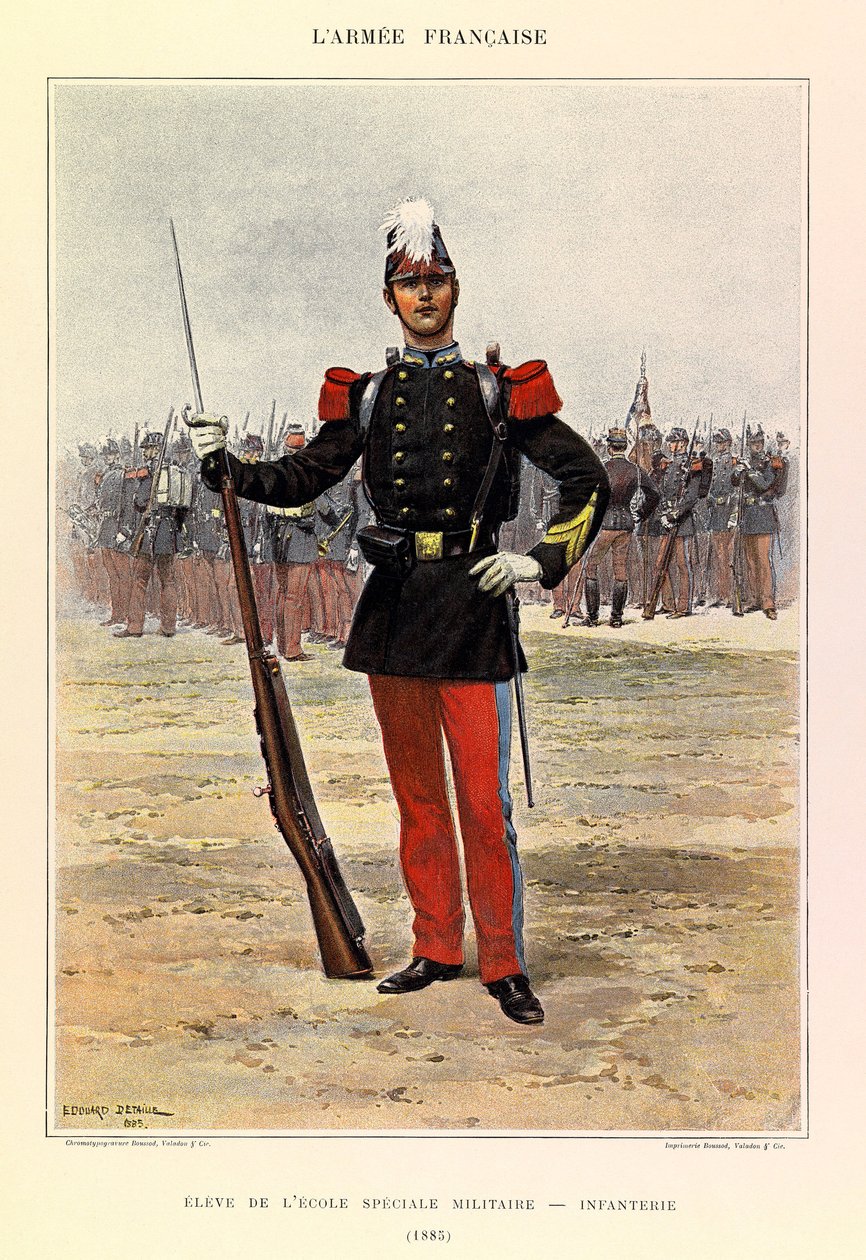 Jules Richard százados francia hadseregének típusai és egyenruhái, illusztrálta: Edouard Detaille (1848-1912): A speciális katonai iskola tanulója: gyalogság 1885-ben, Magángyűjtemény alkotó: Jean Baptiste Edouard Detaille