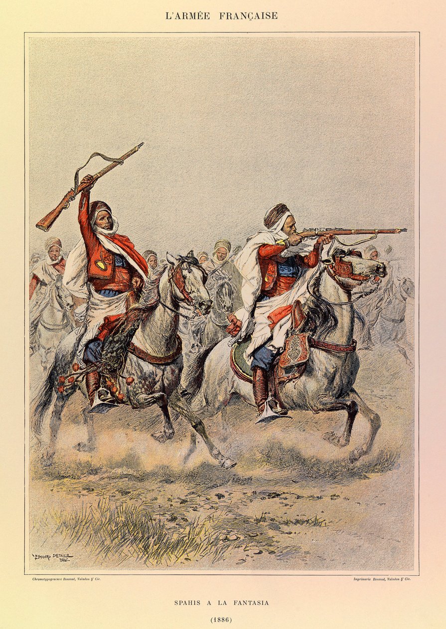 Jules Richard kapitány francia hadseregének típusai és egyenruhái, illusztrálta Edouard Detaille (1848-1912): Spahis a la Fantasia 1886-ban, Magángyűjtemény alkotó: Jean Baptiste Edouard Detaille