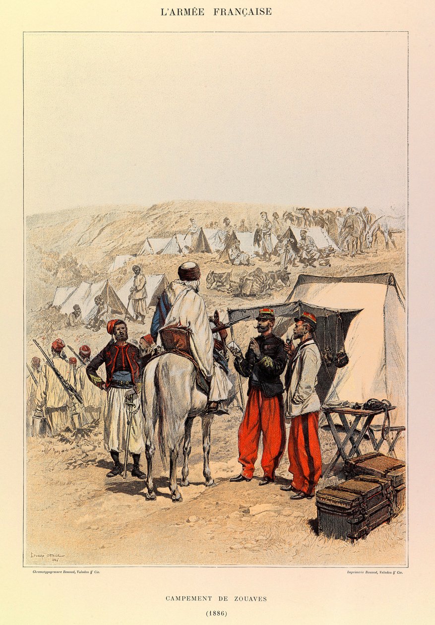 Jules Richard kapitány francia hadseregének típusai és egyenruhái, illusztrálta: Edouard Detaille (1848-1912): Zouaves tábor 1886-ban, magángyűjtemény alkotó: Jean Baptiste Edouard Detaille