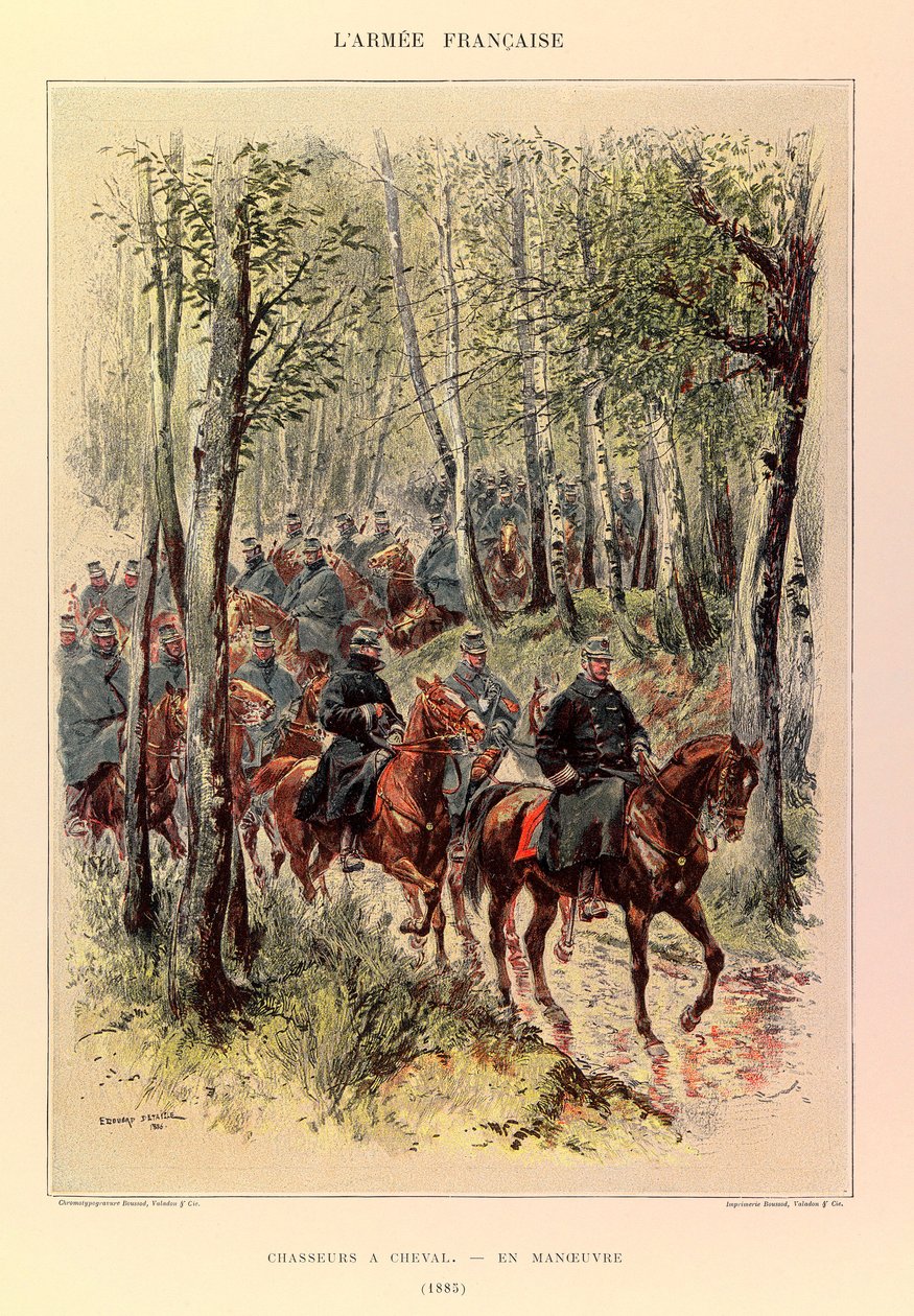 Jules Richard kapitány francia hadseregének típusai és egyenruhái, illusztrálta: Edouard Detaille (1848-1912): Vadászok egy ló manőverben 1885-ben, Magángyűjtemény alkotó: Jean Baptiste Edouard Detaille