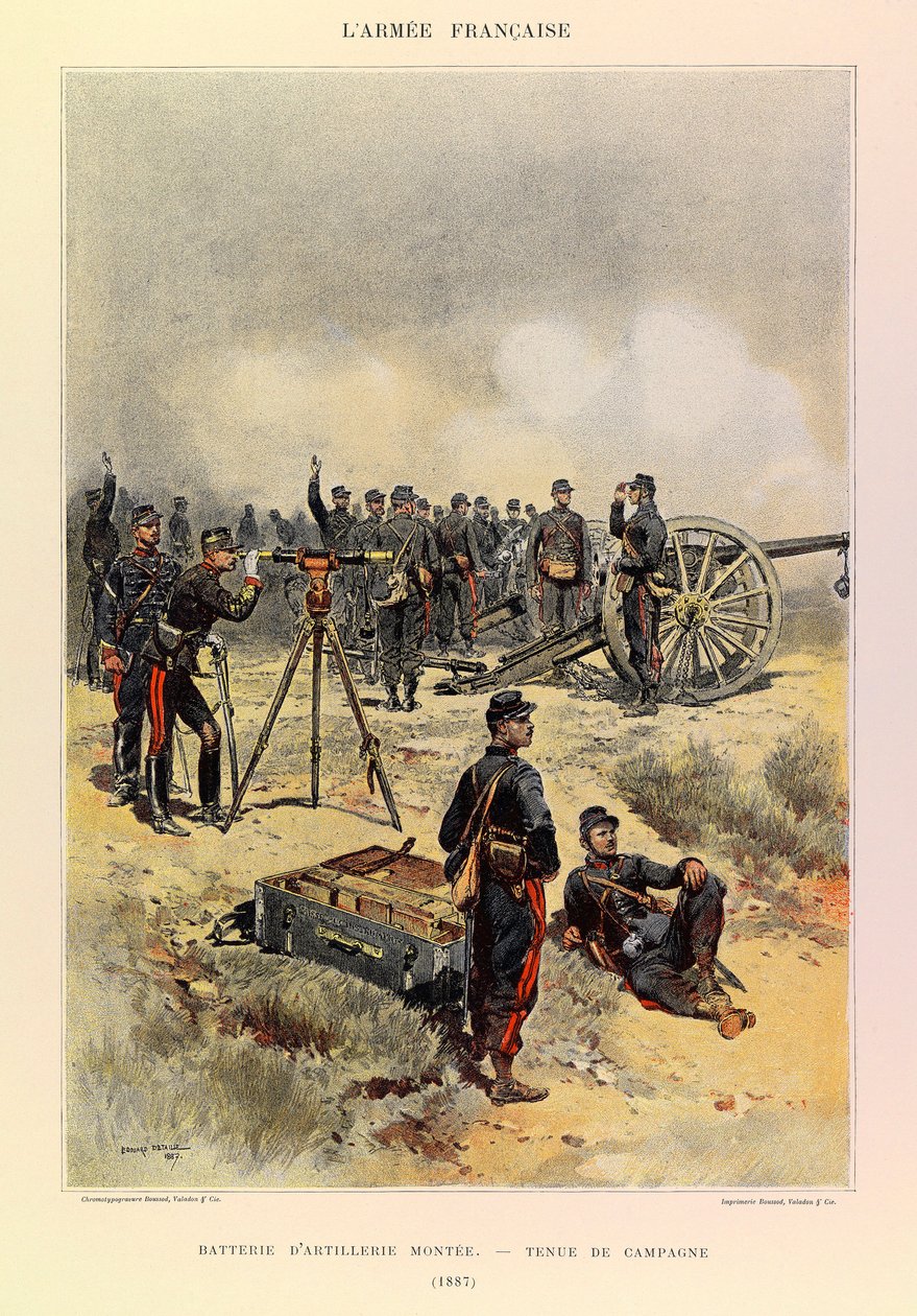 Jules Richard százados francia hadseregének típusai és egyenruhái, illusztrálta: Edouard Detaille (1848-1912): Tüzérségi üteg 1887-ben terepi egyenruhában, Magángyűjtemény alkotó: Jean Baptiste Edouard Detaille
