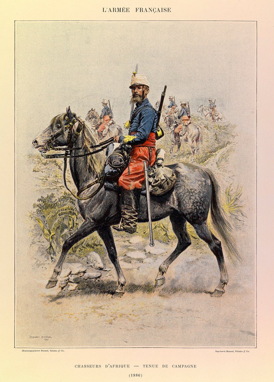 Jules Richard kapitány francia hadseregének típusai és egyenruhái, illusztrálta: Edouard Detaille (1848-1912): Afrika vadászai vidéki ruhában 1886-ban, magángyűjtemény alkotó: Jean Baptiste Edouard Detaille