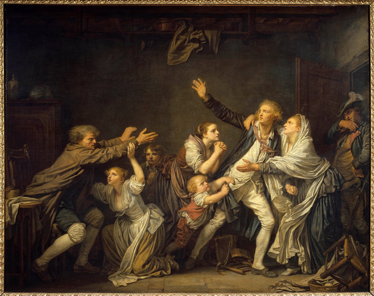 Egy apa tagadja, hogy fiát arra kényszerítették volna, hogy elhagyja a családi házat. Jean Baptiste Greuze (1725-1805) festménye 1777 V. 1,30 x 1,62 m alkotó: Jean Baptiste Greuze