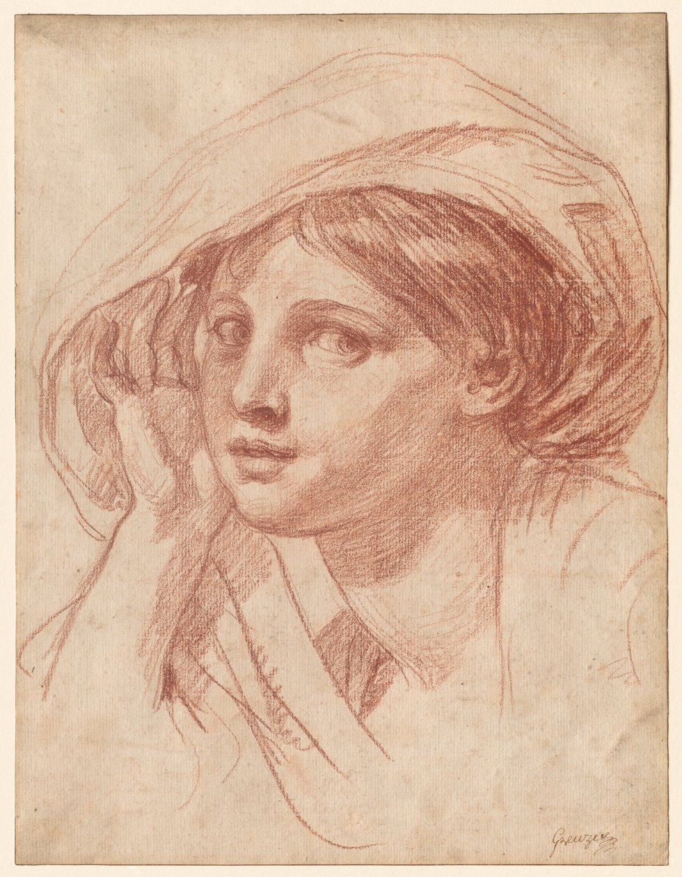 Fiatal nő feje, 1785 körül (vörös kréta, fehér papírra) alkotó: Jean Baptiste Greuze