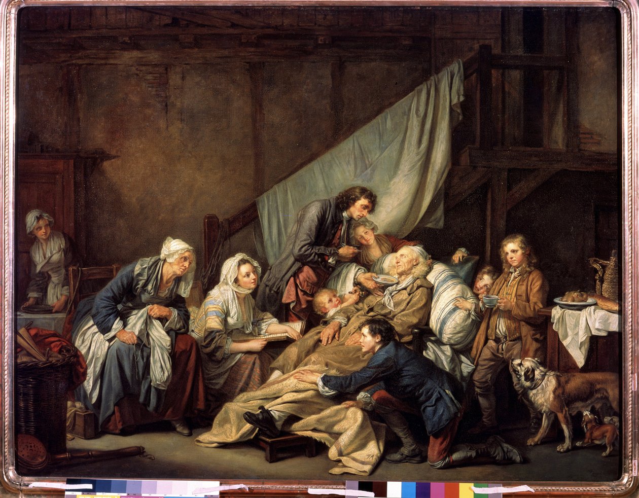 ""A gyermeki jámbor vagy a bénult, akit gyermekei megmentettek"" (Filial Juty (The Paralytic)) Jean Baptiste Greuze (1725-1805) festménye 1763 Méret: 115x146 cm Ermitázs Múzeum, Szentpétervár alkotó: Jean Baptiste Greuze