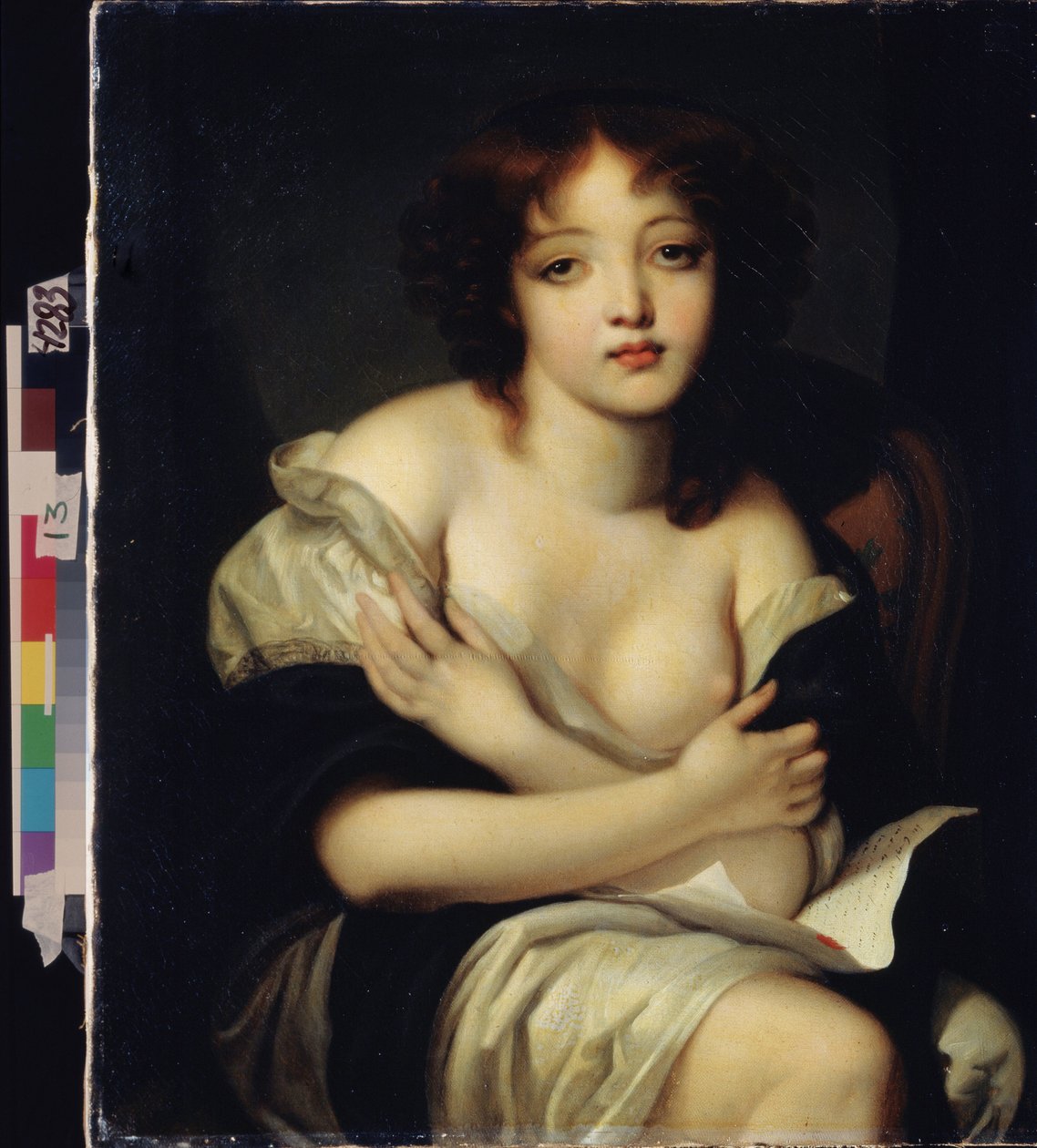 ""A levél"" (A levél) Fiatal meztelen lány melankolikus arckifejezéssel, kezében szerelmes levél. Jean Baptiste Greuze (1725-1805) festménye: Állami Múzeum Arhangelszkoje birtok, Moszkva alkotó: Jean Baptiste Greuze
