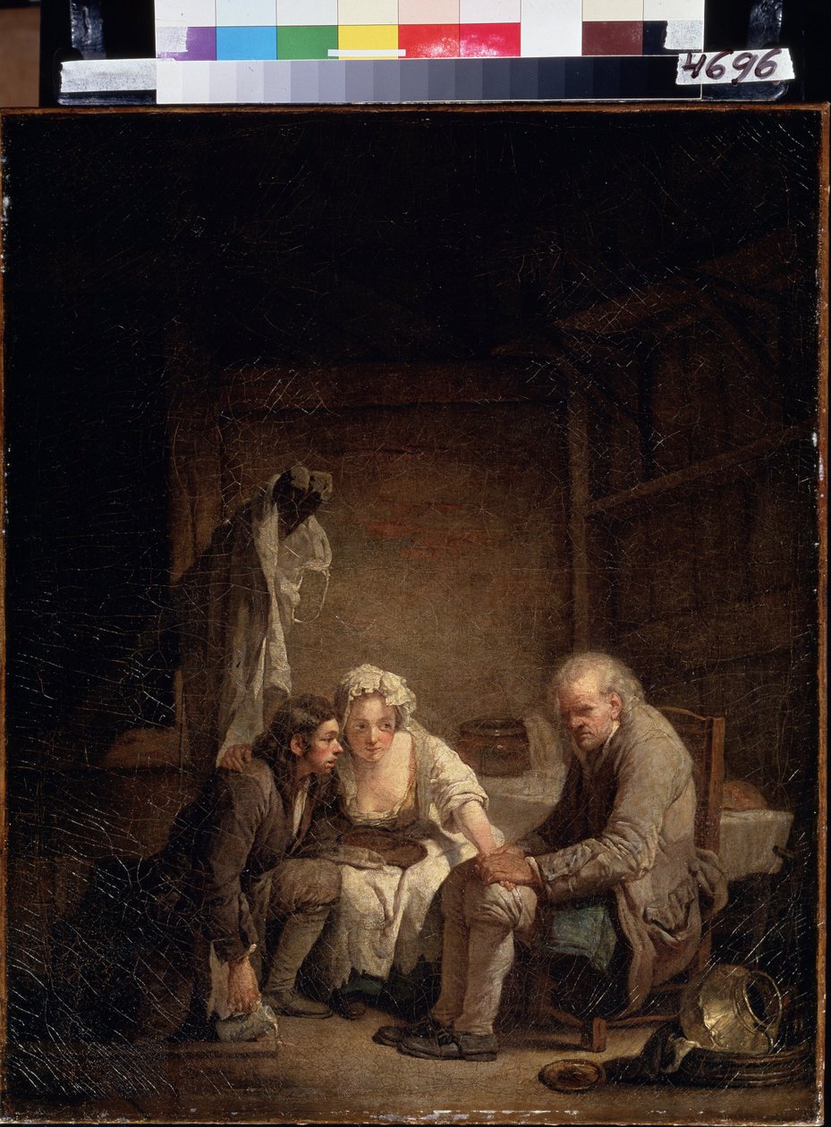 ""A vak ember csal"" (Blind Man Deceived). Őszinte ember, csalás, átverés és az őszinteség hiánya áldozata. Jean Baptiste Greuze (1725-1805) festménye 1755 körül. Olajfestmény. Rokokó. Puskin Múzeum, Moszkva alkotó: Jean Baptiste Greuze