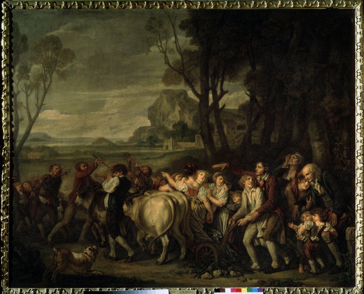 ""Az első barázda"" (Az első barázda) A szántás kezdetekor ásott első barázda felkutatása alkalmából rendezett parasztfesztivál. Jean Baptiste Greuze (1725-1805) festménye 1801 Puskin Múzeum, Moszkva alkotó: Jean Baptiste Greuze