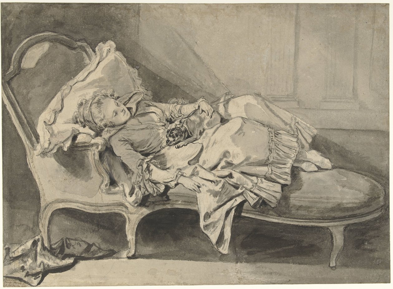 Madame Greuze egy heverőn a kutyájával alkotó: Jean Baptiste Greuze