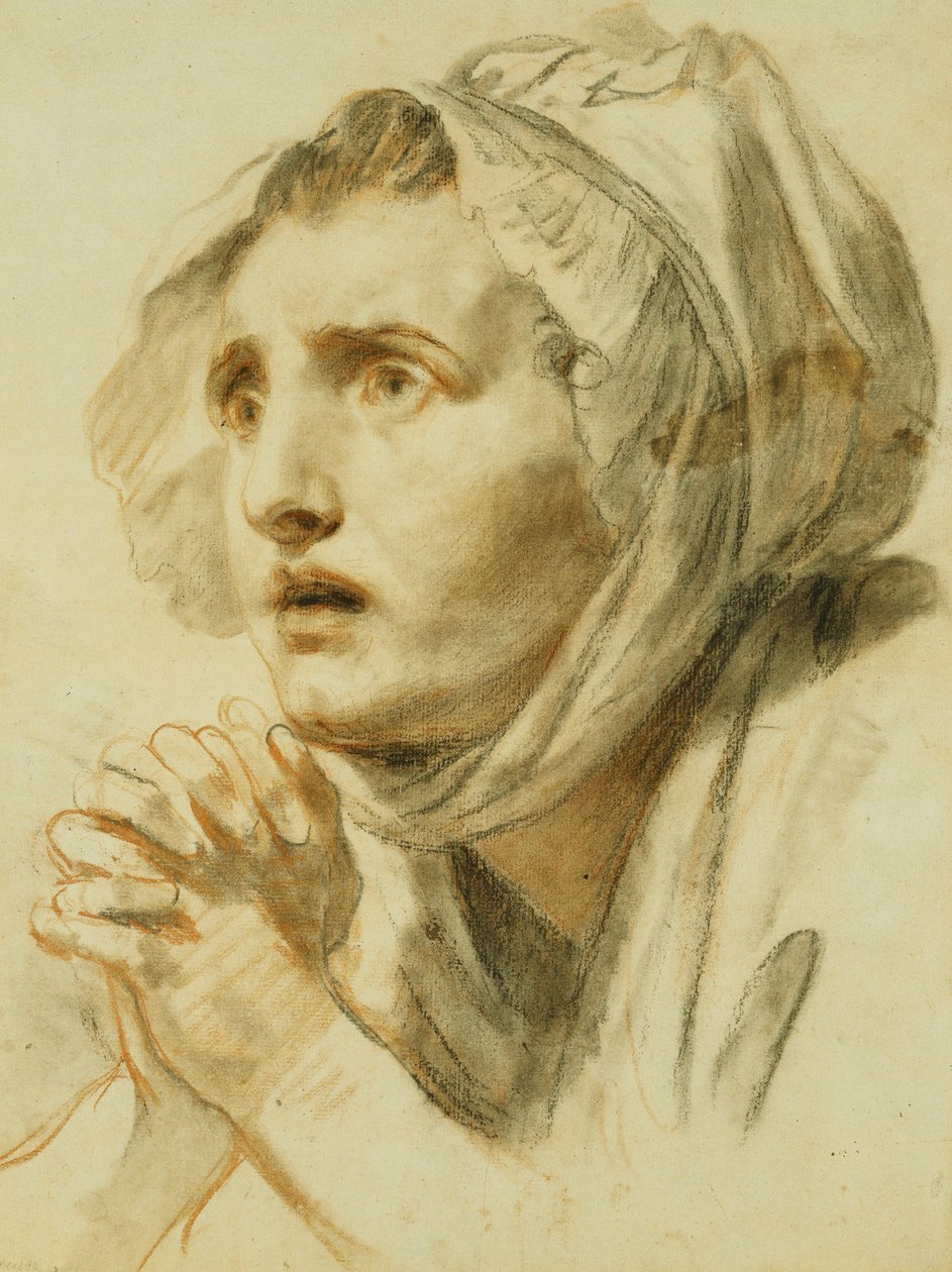 Női portré, mellhosszú, motorháztetőben, összekulcsolt kezekkel, alkotó: Jean Baptiste Greuze