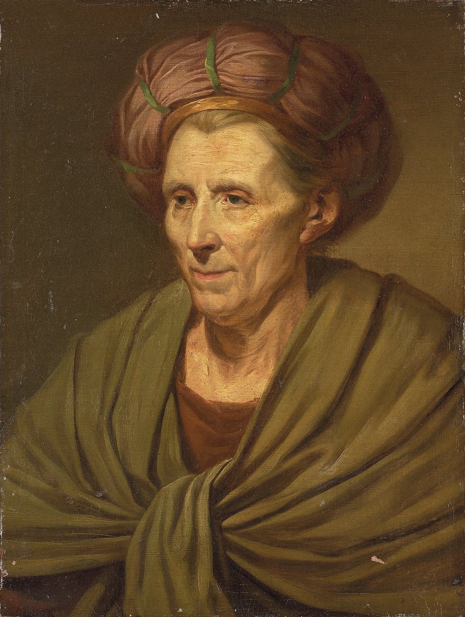 Női portré, mellig érő, barna turbánnal és zöld kendővel alkotó: Jean Baptiste Greuze
