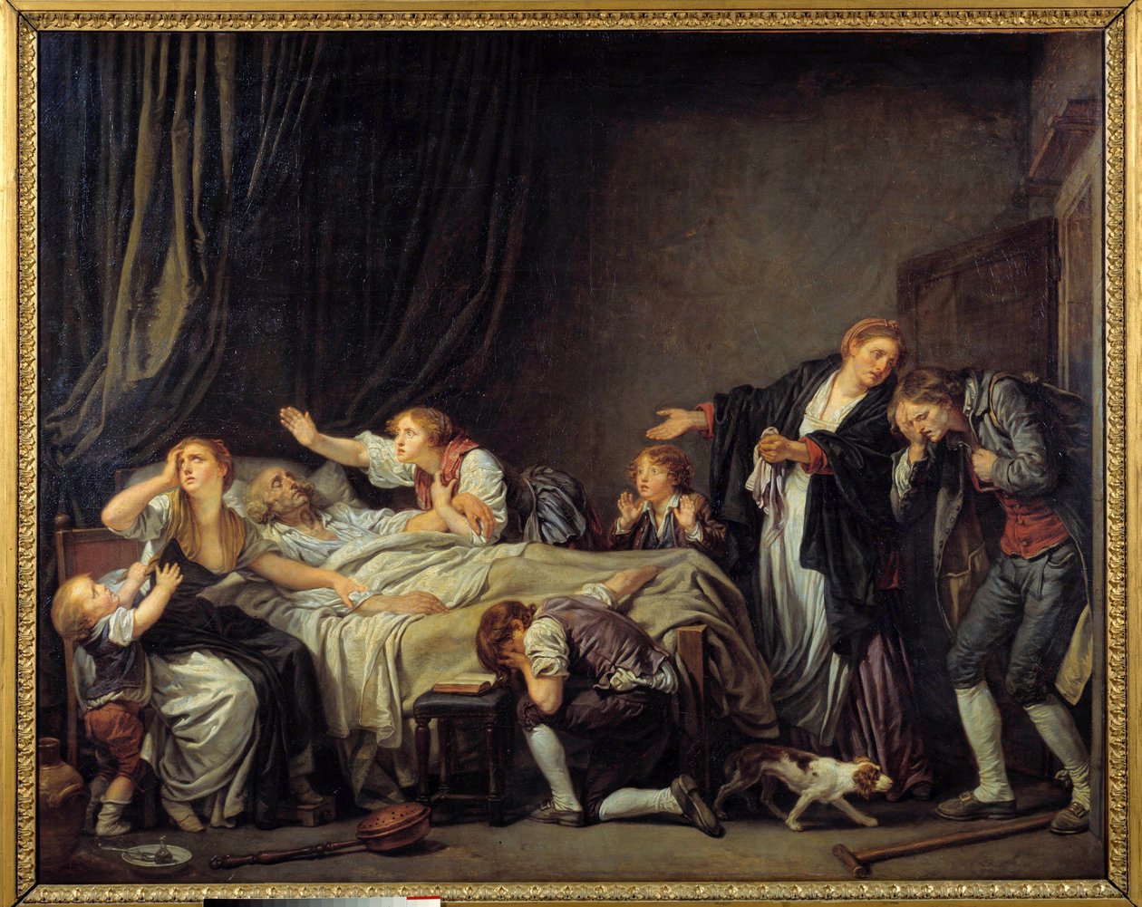 Megbüntették a fiát. A fiú hazatér, és családját sírva találja a halott apa ágya mellett. Jean Baptiste Greuze (1725-1805) festménye 1778 V. 1,3x1,63 m alkotó: Jean Baptiste Greuze