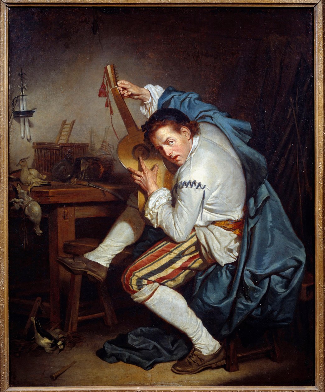 A gitáros, vagy egy madár, aki a vadászatról hazatérve odaadja gitárját Jean Baptiste Greuze (1725-1805) festménye 18. századi V. 0,71x0,57 m Nantes, Musee des Beaux Arts alkotó: Jean Baptiste Greuze