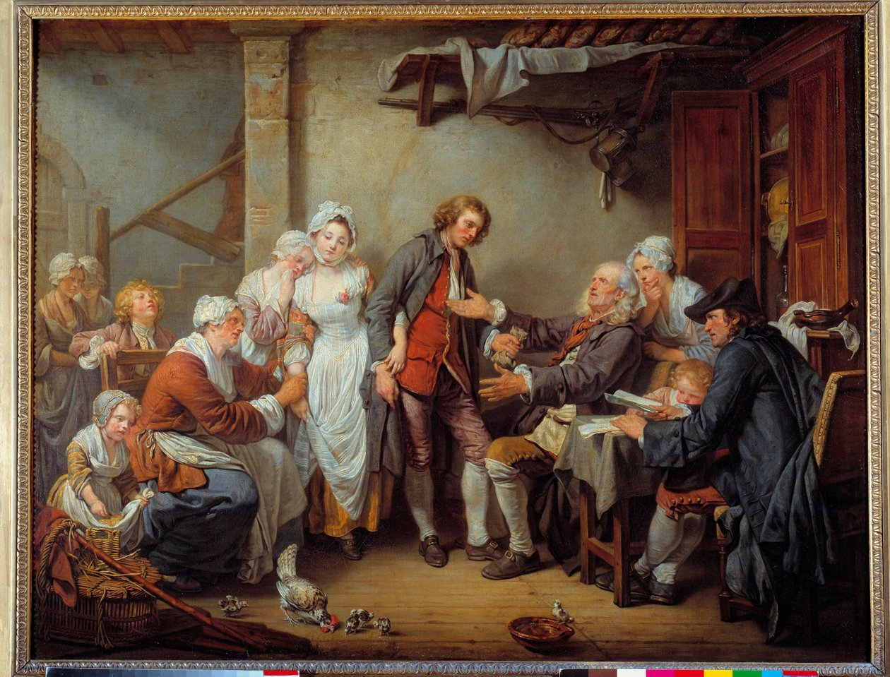 A falusi egyezség A menyasszony apja vejének adja a dotet. Jean Baptiste Greuze (1725-1805) festménye. 1761 V. 0,92 x 1,17 m. alkotó: Jean Baptiste Greuze