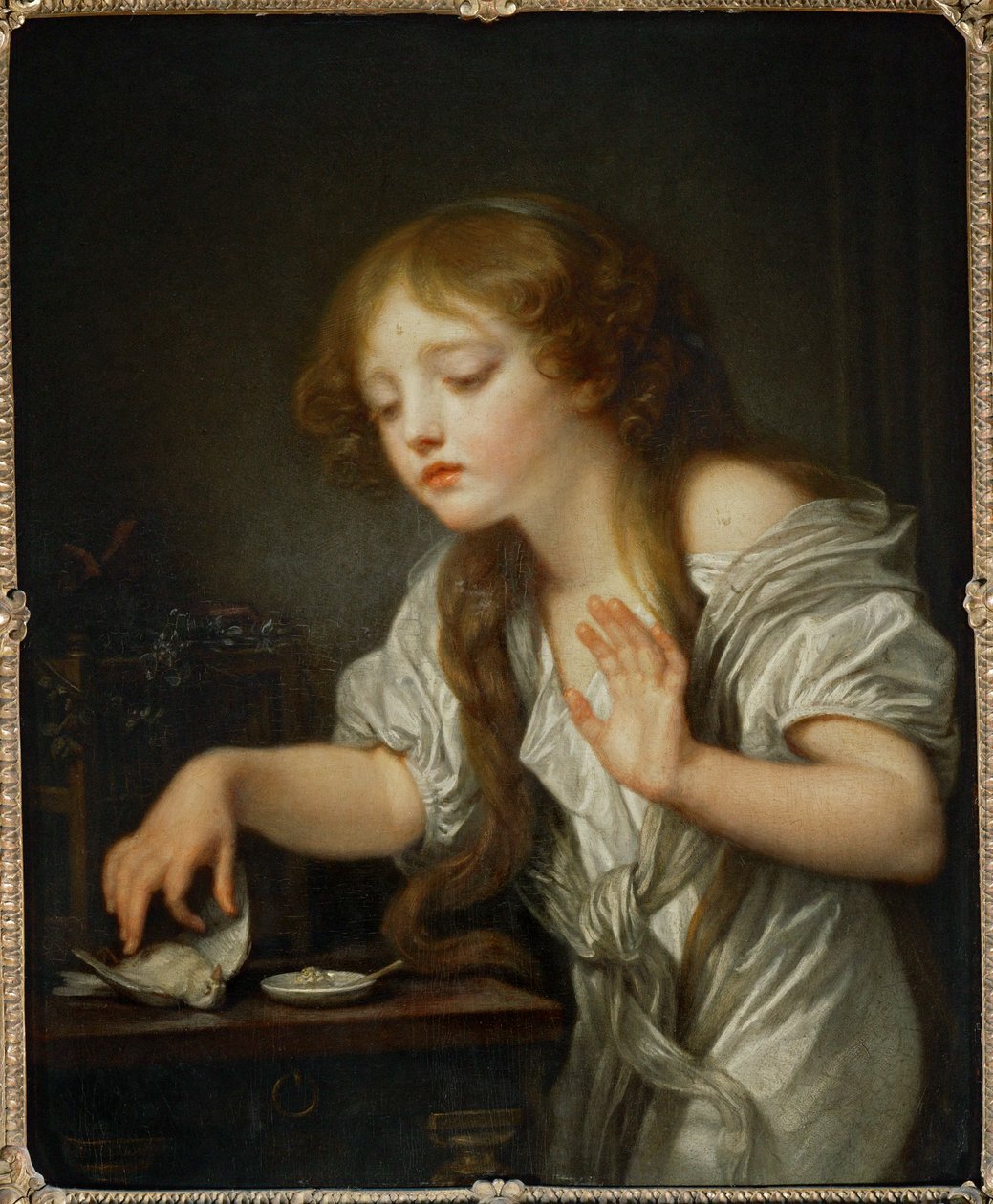 Egy gyerek, aki nem akar megérinteni egy madarat, mert attól fél, hogy az meghalt, azt mondja, hogy a madár meghalt ... alkotó: Jean Baptiste Greuze