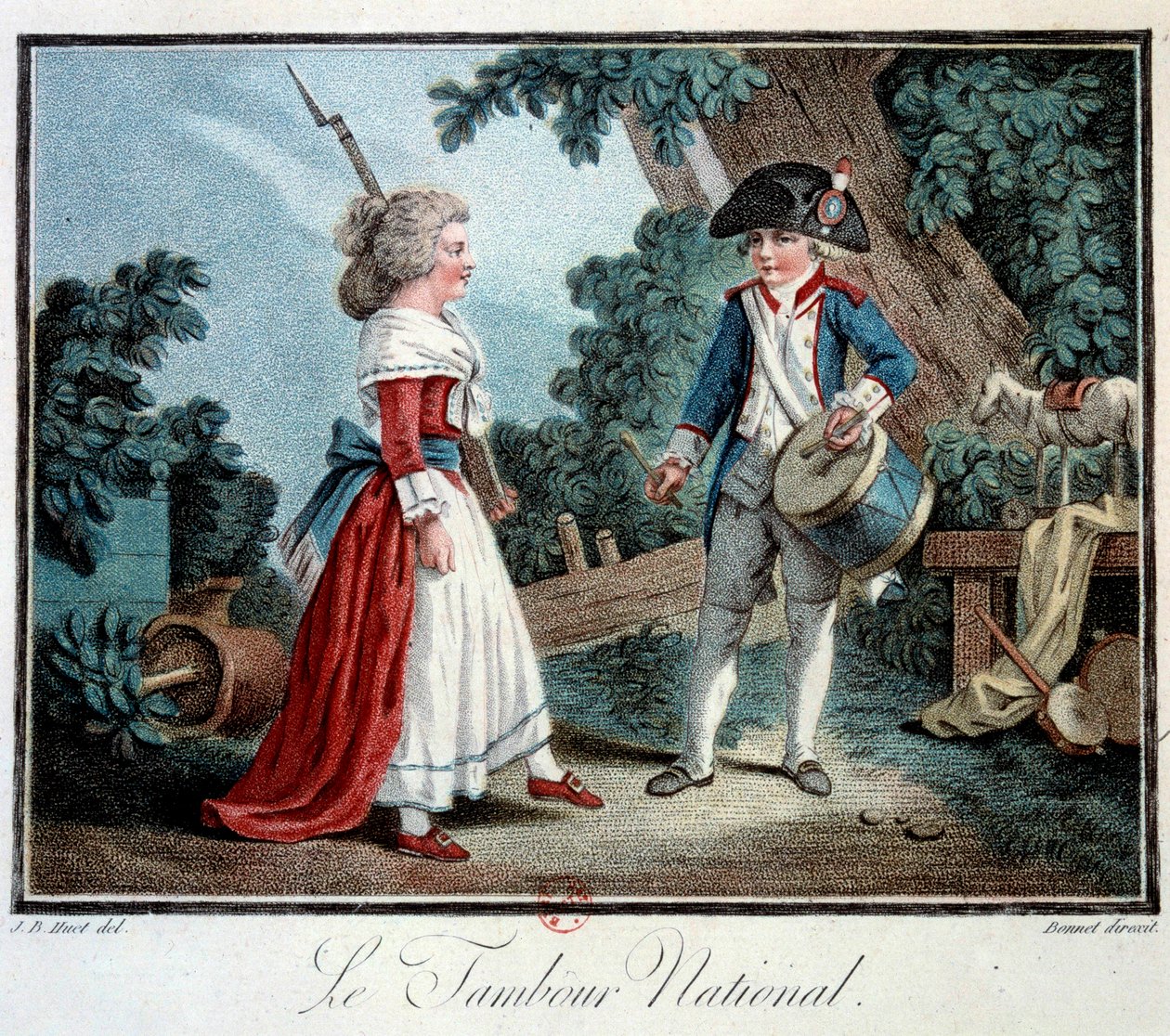Francia forradalom: „” Le tambour national”” Két kisgyermek forradalmárnak álcázza magát. Jean Baptiste Huet (1745-1811) litográfiája 18. századi Párizs, Dekoratív művészetek alkotó: Jean Baptiste Huet