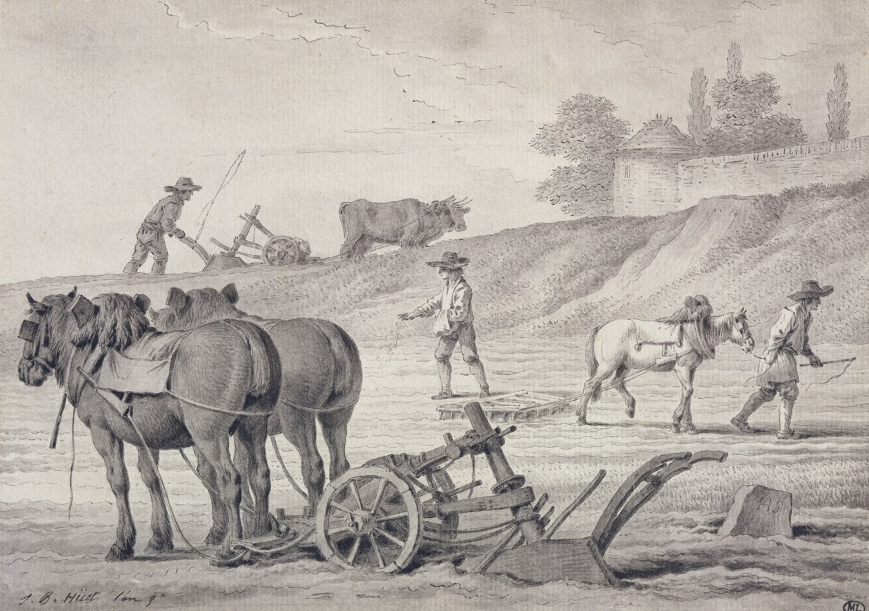 A szántóföldek felszántása (toll és tinta és mosás papíron) alkotó: Jean Baptiste Huet