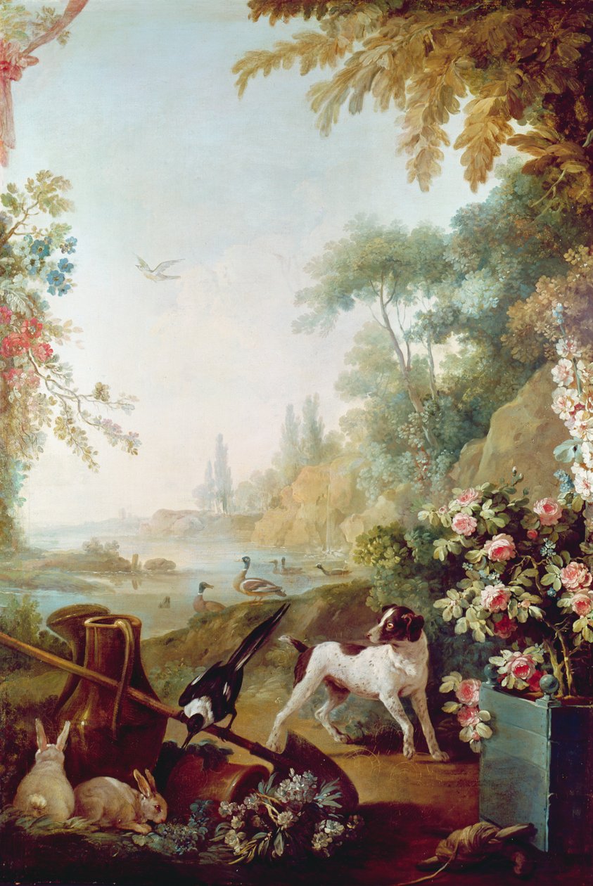 Két nyúl, egy szarka és egy kutya, Gilles Demarteau szalonjából (1722-76) alkotó: Jean Baptiste Huet