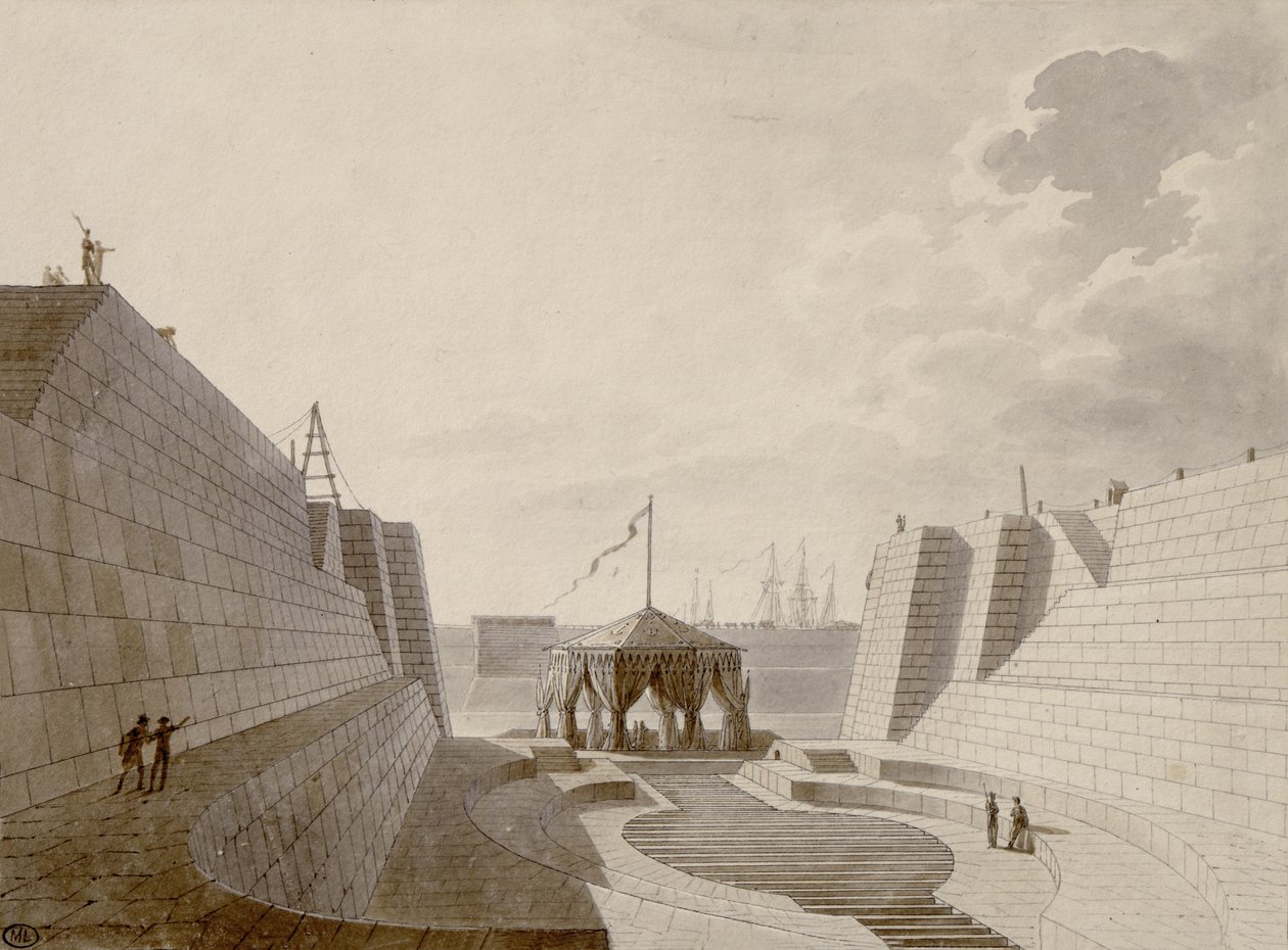 Szárazdokk Cherbourgban, 1813. július (toll, tinta és WC papíron) alkotó: Jean Baptiste Isabey