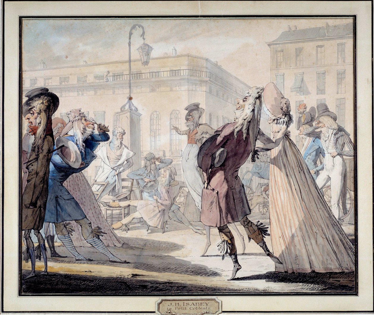 Divat a francia forradalom alatt: „A kis Coblentz” Ez egy nagyon jó hírű szalon volt az Igazgatóság alatt. Jean Baptiste Isabey (1767-1855) szatirikus litográfiája 1789. Musee Carnavalet, Párizs alkotó: Jean Baptiste Isabey