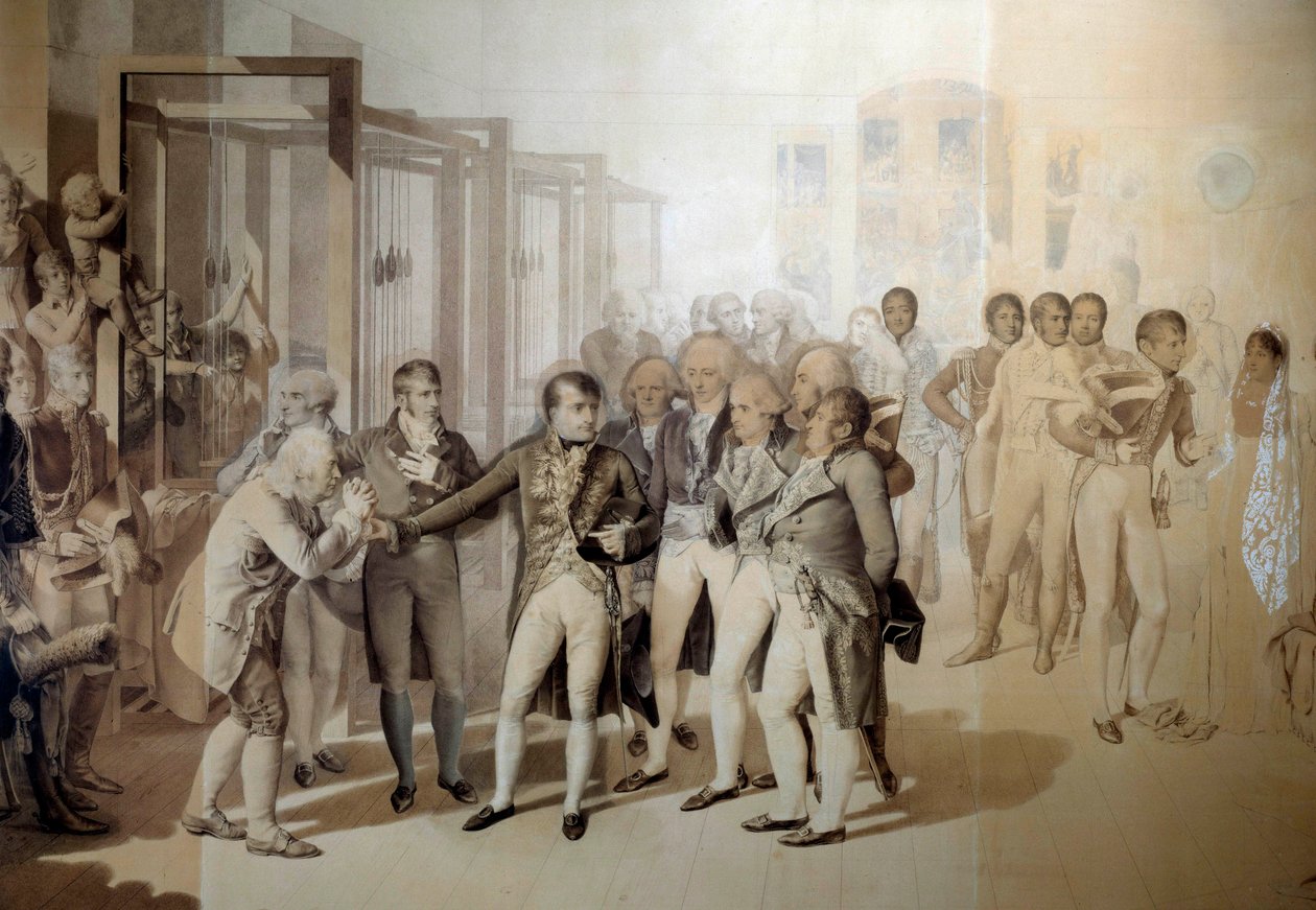 Bonaparte Napóleon (1769-1821), első konzul Josephine de Beauharnais jelenlétében meglátogatja a Seven testvérek bársonygyárát Rouenben, 1802 novemberében. Rajz Jean Baptiste Isabey (1767-1855) mosásában 1804 V. 1,24x1,76 m Versailles, mu alkotó: Jean Baptiste Isabey