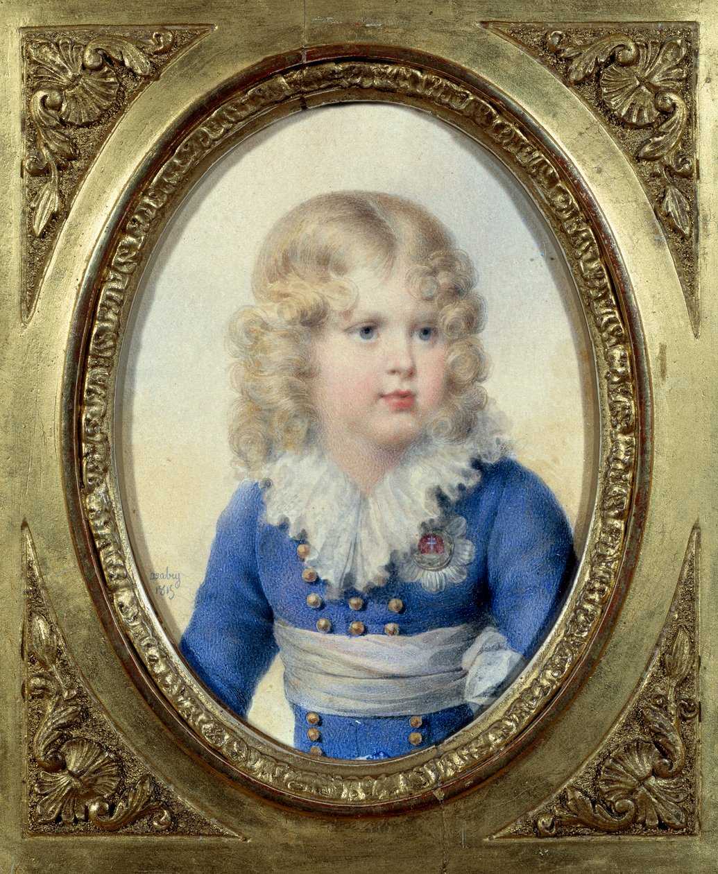 Róma királya és Párma hercege II. Napóleon, Reichstadt hercege (1811-1832) I. Napóleon császár fia (1769-1821) kék ruhában”” John Baptiste Isabey (1767-1855) akvarellje 1815 V. 0,1x0,14 m Malmaison, kastélymúzeum alkotó: Jean Baptiste Isabey