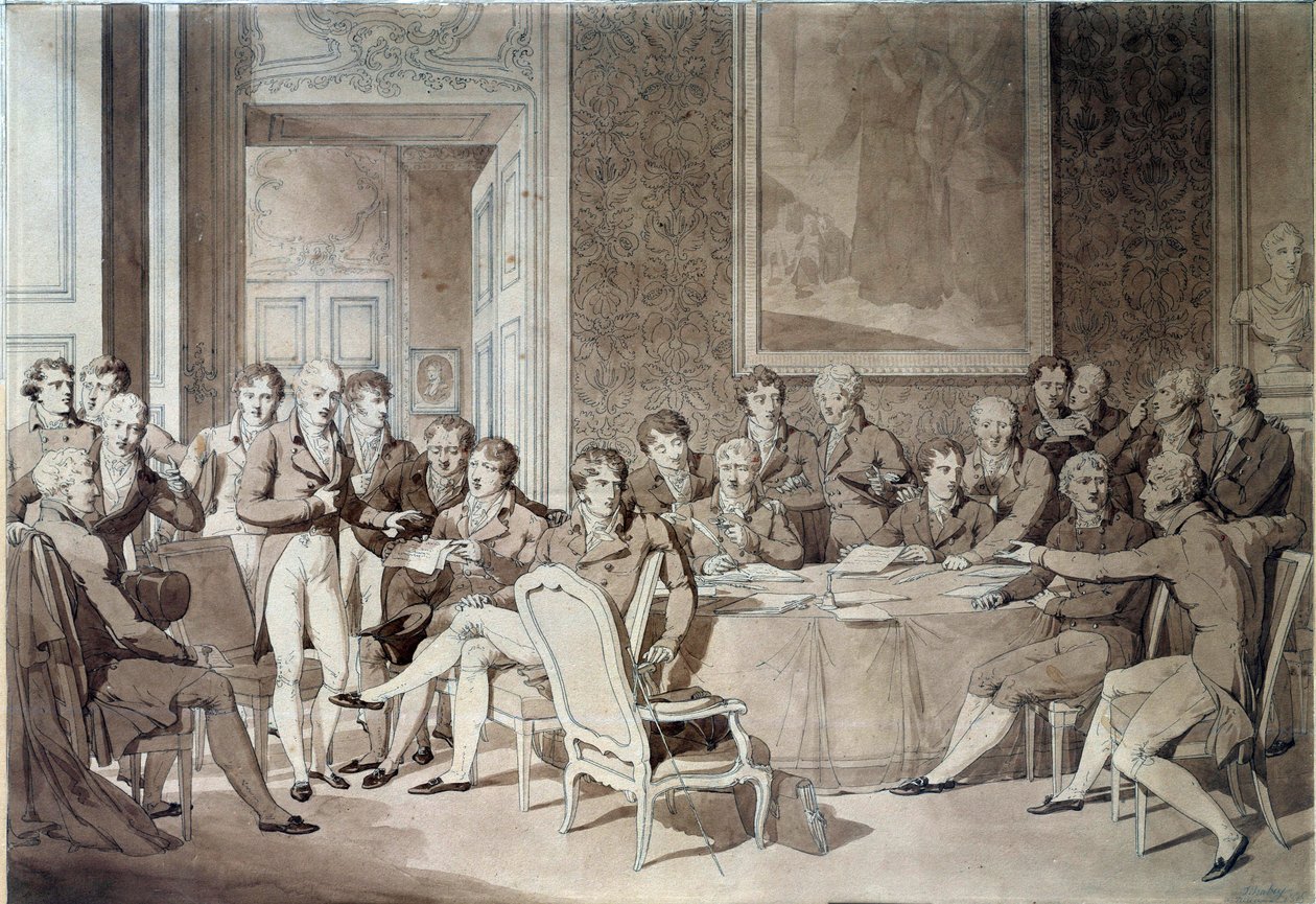 A Bécsi Kongresszus (1814-1815) az 1814-es Párizsi Szerződést követően. Újra egyesítette a nyolc világhatalmat, és I. Napóleon birodalmának bukása után a határok újrafogalmazására törekedett. I. Sándor orosz cár; H. R. Stewart, Castlereagh; I. Ferenc Józse alkotó: Jean Baptiste Isabey