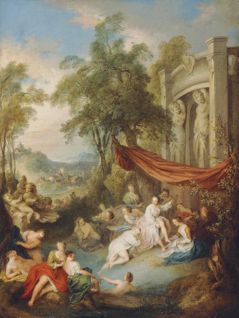 Nymfák fürdőznek egy loggia melletti medencében, alkotó: Jean Baptiste Joseph Pater
