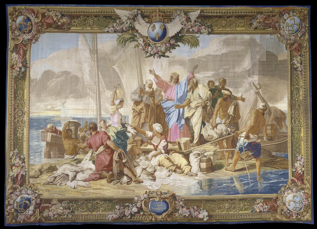 ""A csodálatos halászat"" Újszövetség gyapjúban és selyemben függő Manufacture royale des Gobelins, Jean Lefebvre műhelye, Jean Jouvenet (1644-1717) nyomán alkotó: Jean Baptiste Jouvenet