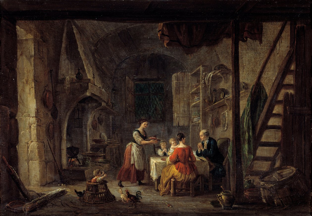 Az étkezés bencés jelenete egy paraszti családban, az ima. Jean Baptiste Lallemant (1710-1803) festménye 18. századi Bourg en bresse, Musee de Brou alkotó: Jean Baptiste Lallemand
