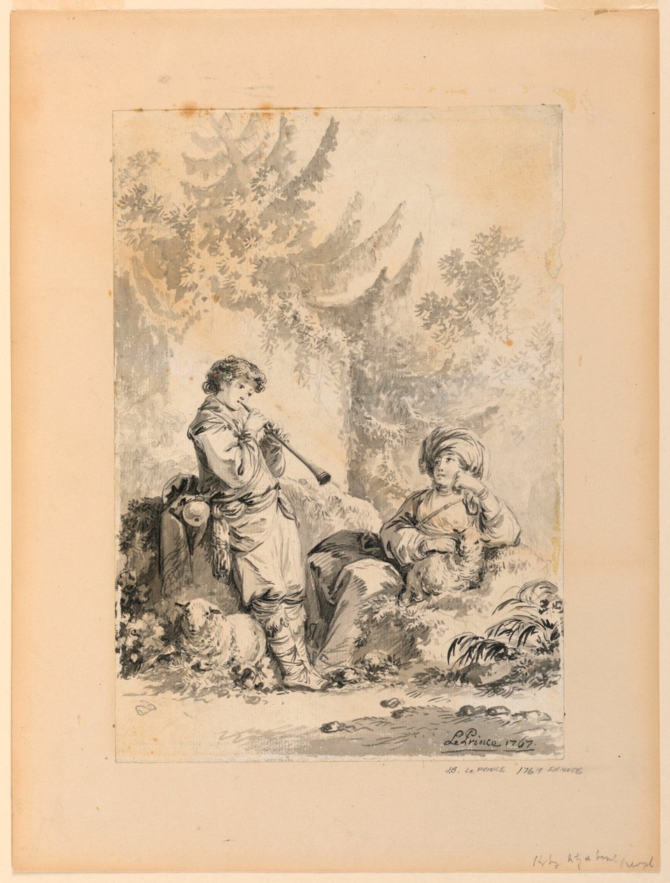 Rajz, Pásztorfiú és pásztorlány egy tájban, 1767 alkotó: Jean Baptiste Le Prince