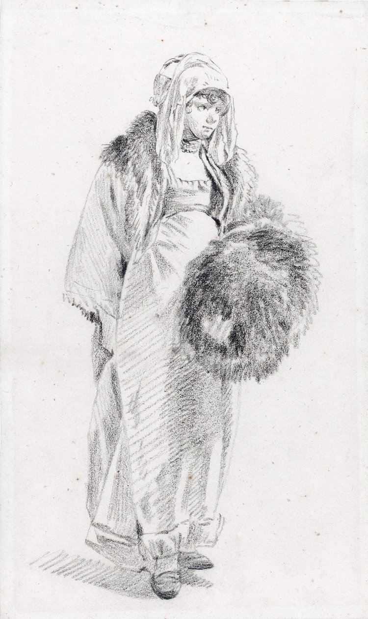 Orosz nő szőrmuff le Prince, Jean-Baptiste (1734-1781), 1758 és 1761 között - Fekete kréta papíron, 22,9x13,8 - Magángyűjtemény alkotó: Jean Baptiste Le Prince