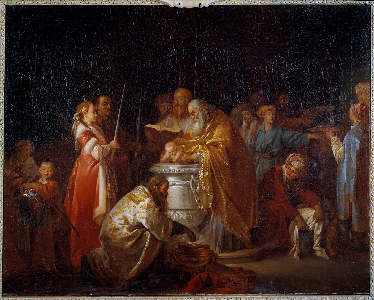 Orosz keresztség Egy ortodox pápa megkereszteli gyermeket a szülei előtt. Jean Baptiste Leprince (1733-1781) festménye 1765 V. 0,73x0,92 m alkotó: Jean Baptiste Leprince