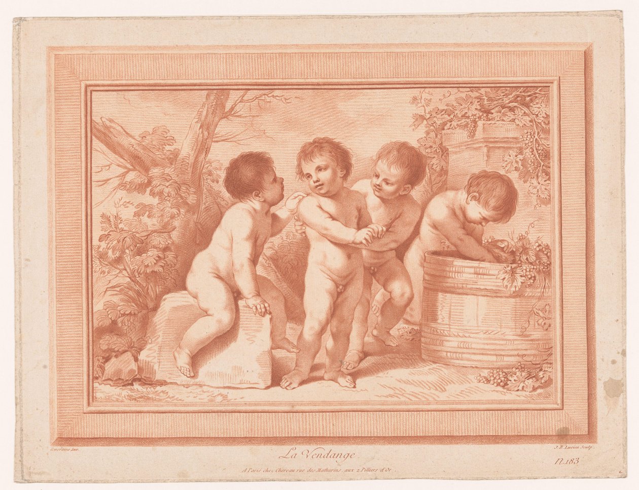 Négy putti boroshordóval La Vendange (cím az objektumon) alkotó: Jean Baptiste Lucien