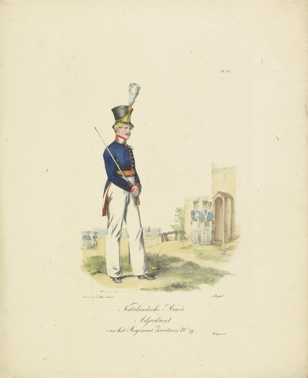 A svájci ezred adjutánsa, 1820-1825 A svájci sz. ezred holland armée adjutánsa. 29 (cím a tárgyon) A Holland Királyság katonai jelmezei. Őexcellenciájának, Willem van Bylandtnak ajánlva (a sorozat címe a tárgyon alkotó: Jean Baptiste Madou