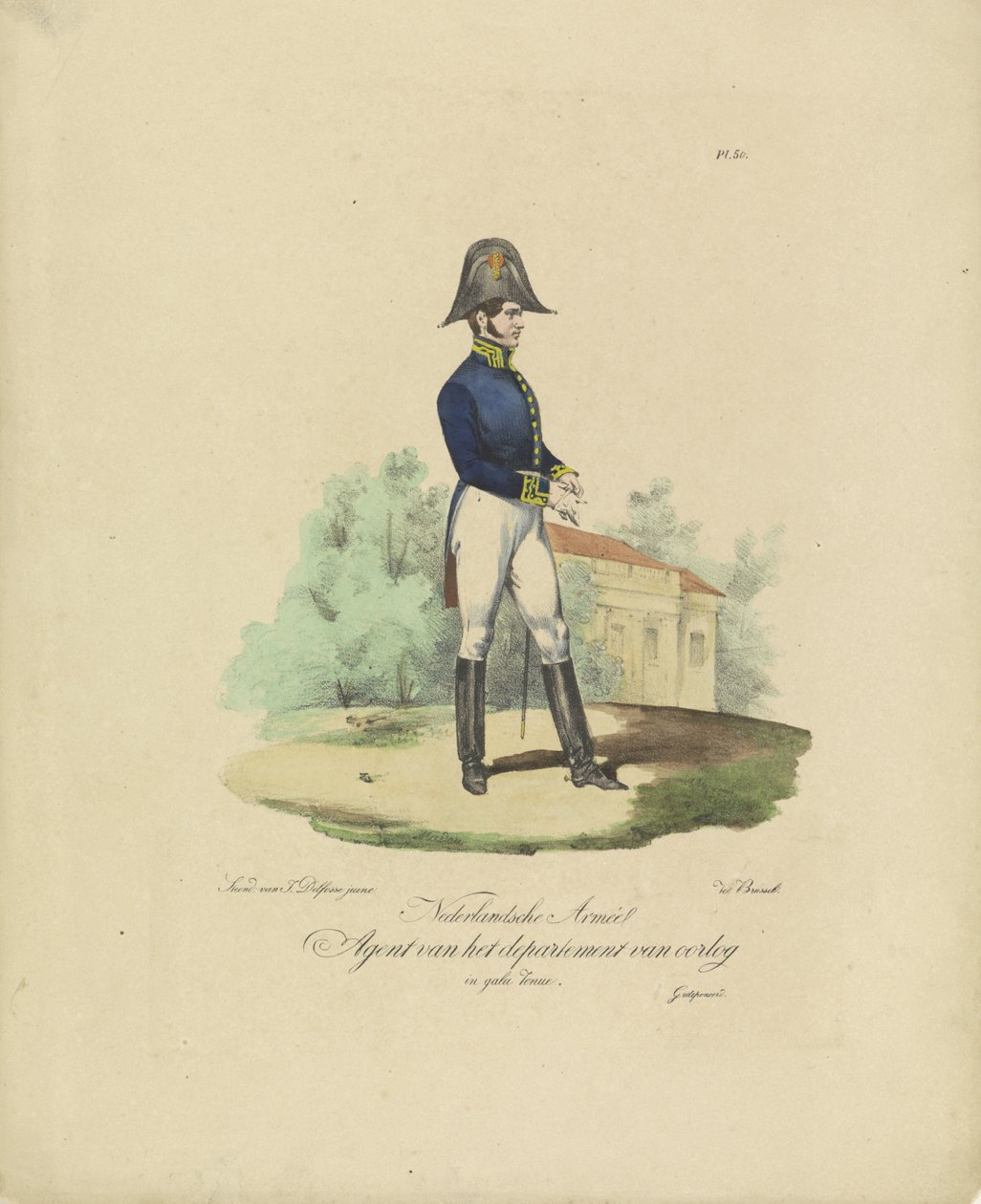 A hadügyminisztérium ügynöke, 1820-1825 Nederlandsche Armée A hadügyminisztérium ügynöke ünnepi egyenruhában (cím a tárgyon) A Holland Királyság katonai jelmezei. Őexcellenciájának, Willem van Bylandtnak ajánlva (sorozat címe alkotó: Jean Baptiste Madou