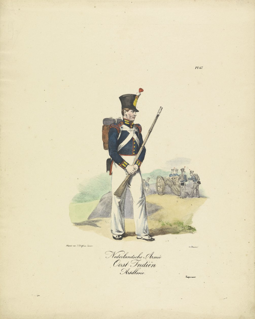 A holland kelet-indiai hadsereg tüzére, 1820-1825 Holland Armée Kelet-indiai Tüzérség (cím a tárgyon) A Holland Királyság katonai jelmezei. Őexcellenciájának, Willem van Bylandtnak szentelve (a sorozat címe a tárgyon) alkotó: Jean Baptiste Madou