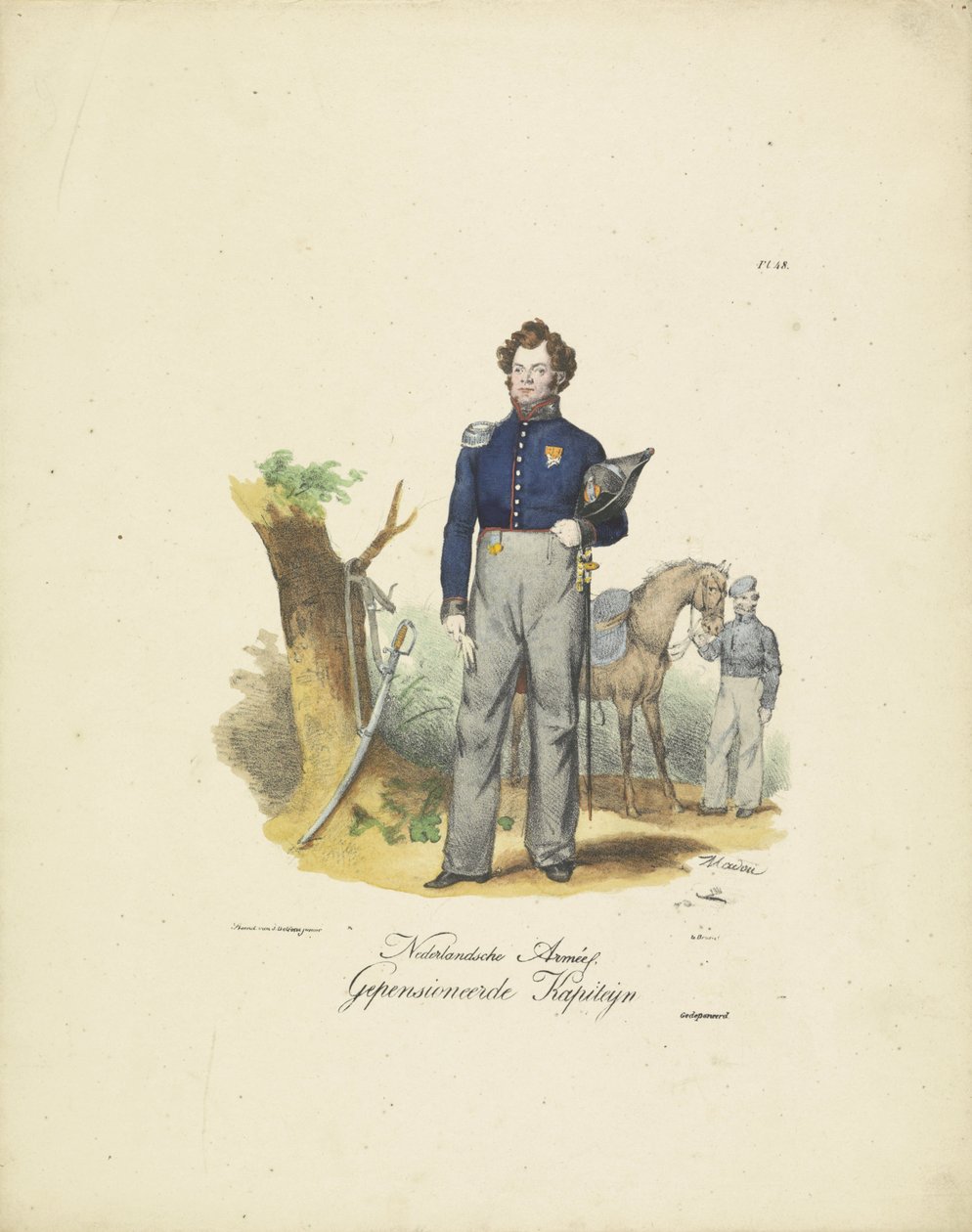 nyugalmazott százados, 1820-1825 Nederlandsche Armée, nyugdíjas Kapiteyn (cím a tárgyon) A Holland Királyság katonai jelmezei. Őexcellenciájának, Willem van Bylandtnak szentelve (a sorozat címe a tárgyon) alkotó: Jean Baptiste Madou