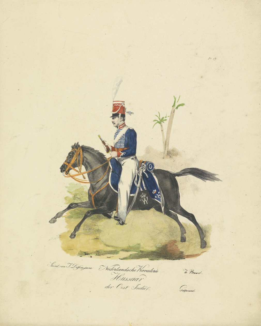 A holland kelet-indiai hadsereg huszárja, 1820-1825 A kelet-indiai holland Kavalerie Hussaar (cím a tárgyon) A Holland Királyság katonai jelmezei. Őexcellenciájának, Willem van Bylandtnak szentelve (a sorozat címe a tárgyon) alkotó: Jean Baptiste Madou