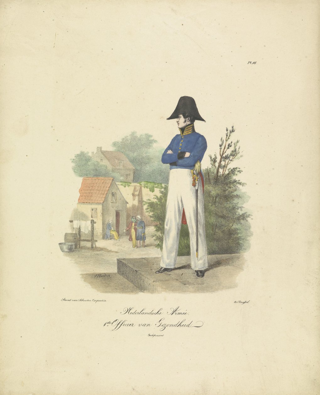 egészségügyi tiszt, 1820-1825 holland hadsereg. 1. egészségügyi tiszt A Holland Királyság katonai jelmezei. Őexcellenciájának, Willem van Bylandtnak szentelve (a sorozat címe a tárgyon) alkotó: Jean Baptiste Madou