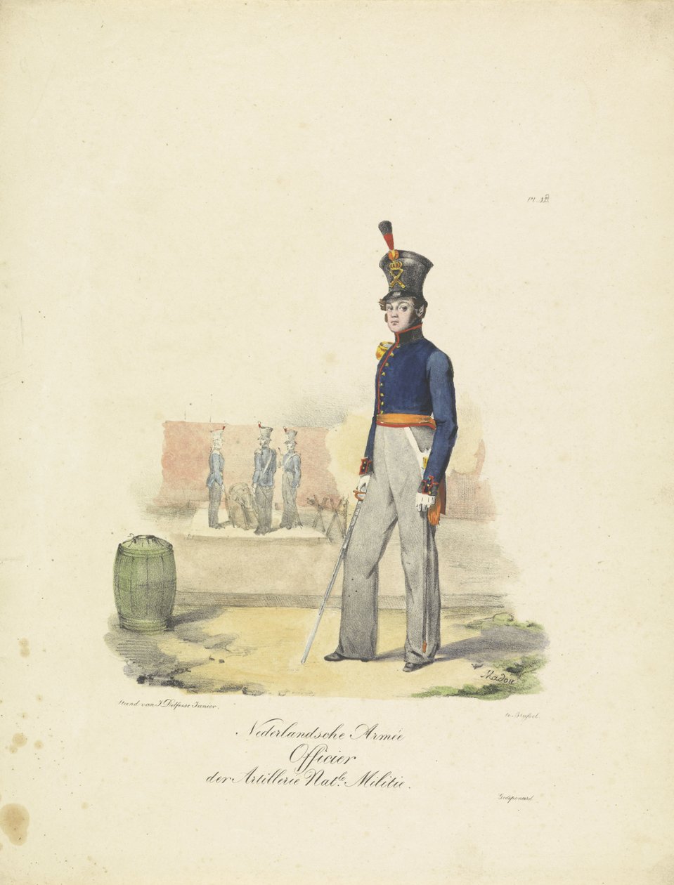 Tüzérségi tiszt, 1820-1825 Nederlandsche Armée Officier der Artillerie Nat.le Militie (cím a tárgyon) A Holland Királyság katonai jelmezei. Őexcellenciájának, Willem van Bylandtnak szentelve (a sorozat címe a tárgyon) alkotó: Jean Baptiste Madou