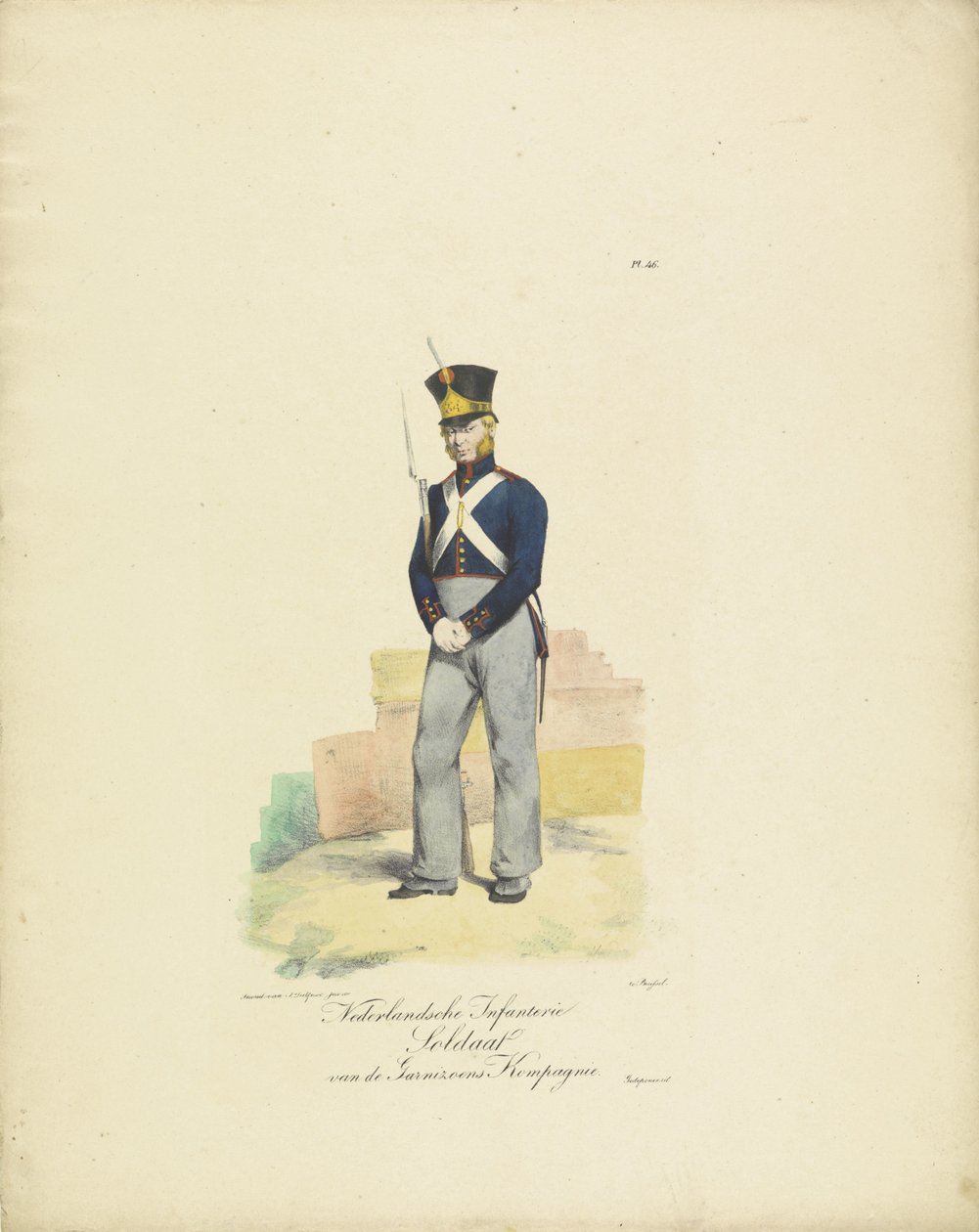 Soldier Garrison Company, 1820-1825 A Garrison Company holland gyalogos katonája (cím a tárgyon) A Holland Királyság katonai jelmezei. Őexcellenciájának, Willem van Bylandtnak szentelve (a sorozat címe a tárgyon) alkotó: Jean Baptiste Madou