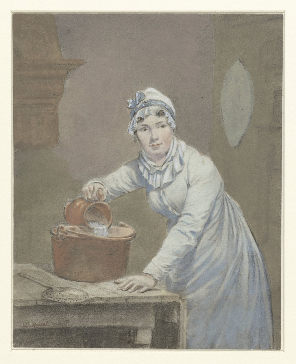 A szobalány tejet önt egy serpenyőbe alkotó: Jean Baptiste Mallet (possibly)