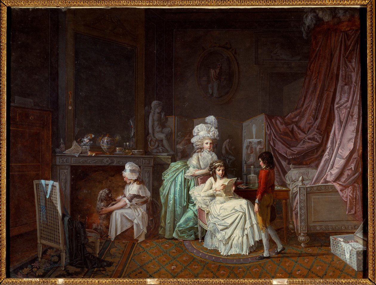 Családi frizura a hálószobában, az anya fűti az olvasó lányát. Egy másik játszik a kutyával. Jean Baptiste Mallet (1759-1835) festménye 18. századi Párizs, Dekoratív művészetek alkotó: Jean Baptiste Mallet