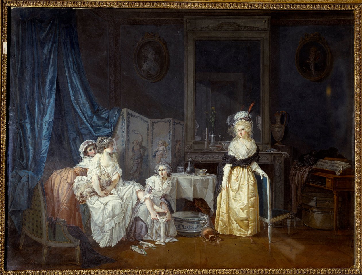 A vécé Egy fiatal nő leányai segítségével fürdeni készül. Jean Baptiste Mallet festménye alkotó: Jean Baptiste Mallet