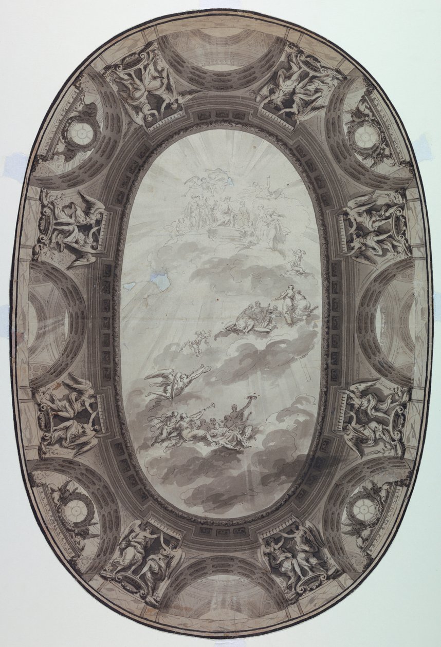 Rajz, Tervezet egy terem mennyezetének festett díszítésére (festett ovális mennyezet), 1761 alkotó: Jean Baptiste Marie Pierre