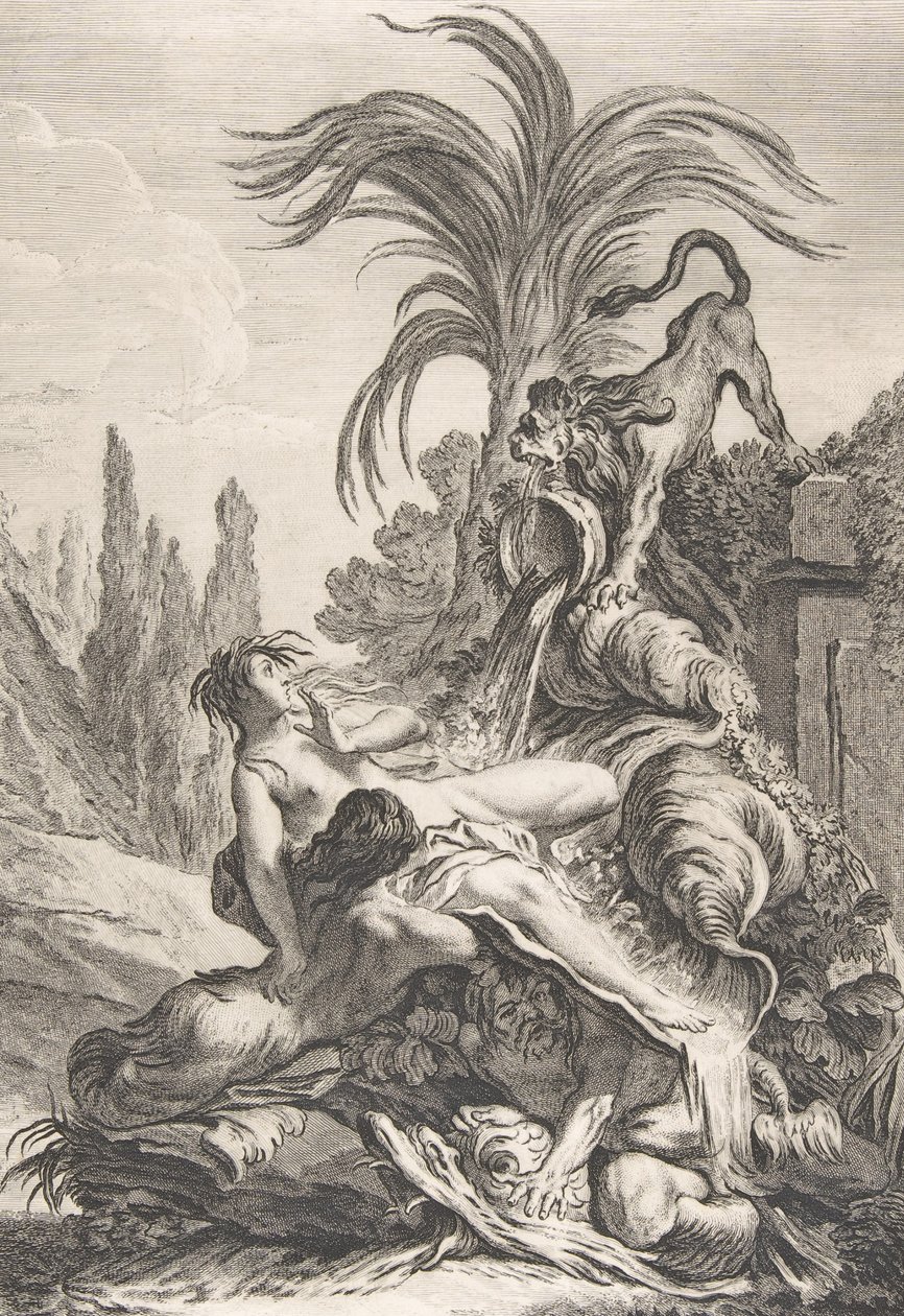 A megrémült Naiad Egy kócos Naiad ijedtében hátrál egy oroszlán láttán, kb. 1740., alkotó: Jean Baptiste Marie Pierre